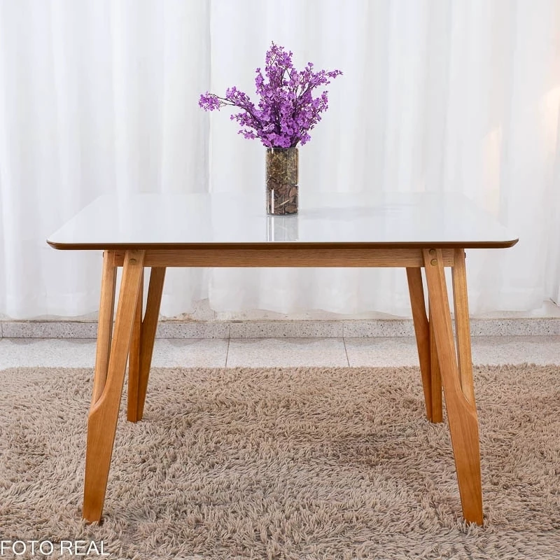 Mesa de Jantar Siena 120x90 Vidro Off/Base Madeira + 4 Cad. Lisboa Veludo Bege 512 Madeira Entregue Montada - Art Assento - Imagem 3