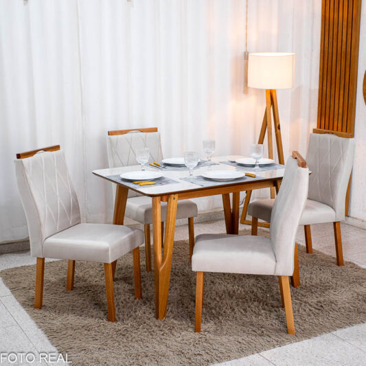 Mesa de Jantar Siena 120x90 Vidro Off/Base Madeira + 4 Cad. Lisboa Veludo Bege 512 Madeira Entregue Montada - Art Assento