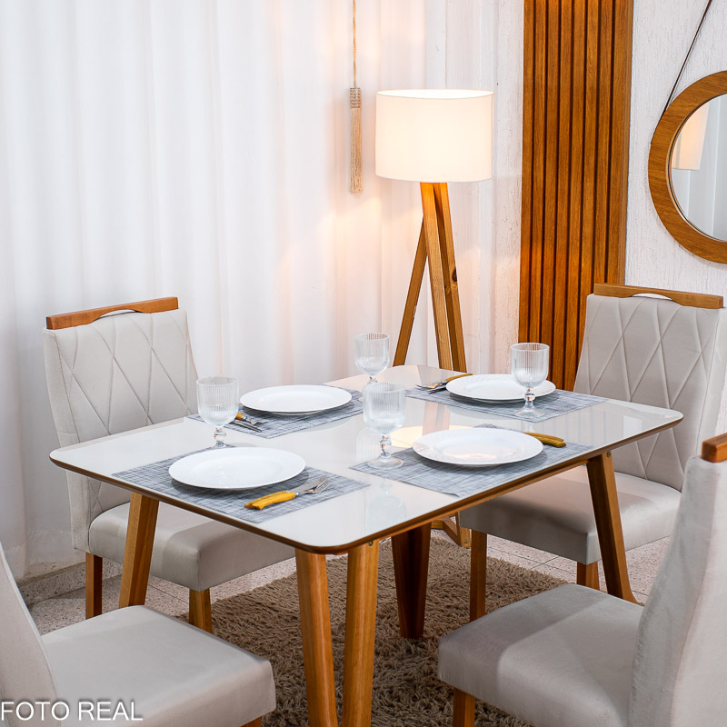 Mesa de Jantar Siena 120x90 Vidro Off/Base Madeira + 4 Cad. Lisboa Veludo Bege 512 Madeira Entregue Montada - Art Assento - Imagem 9