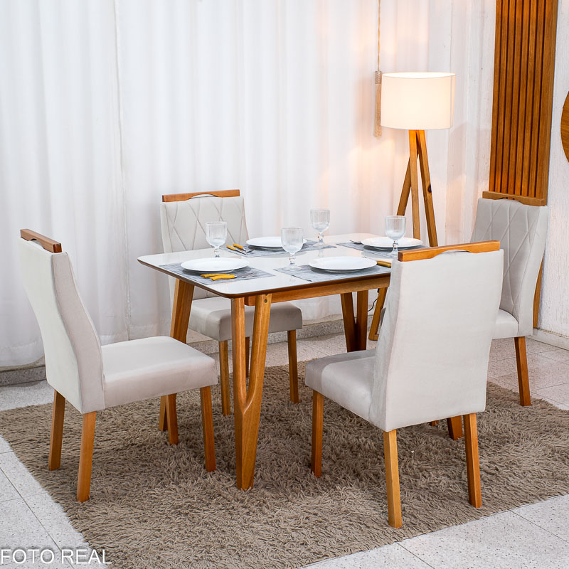 Mesa de Jantar Siena 120x90 Vidro Off/Base Madeira + 4 Cad. Lisboa Veludo Bege 512 Madeira Entregue Montada - Art Assento - Imagem 8