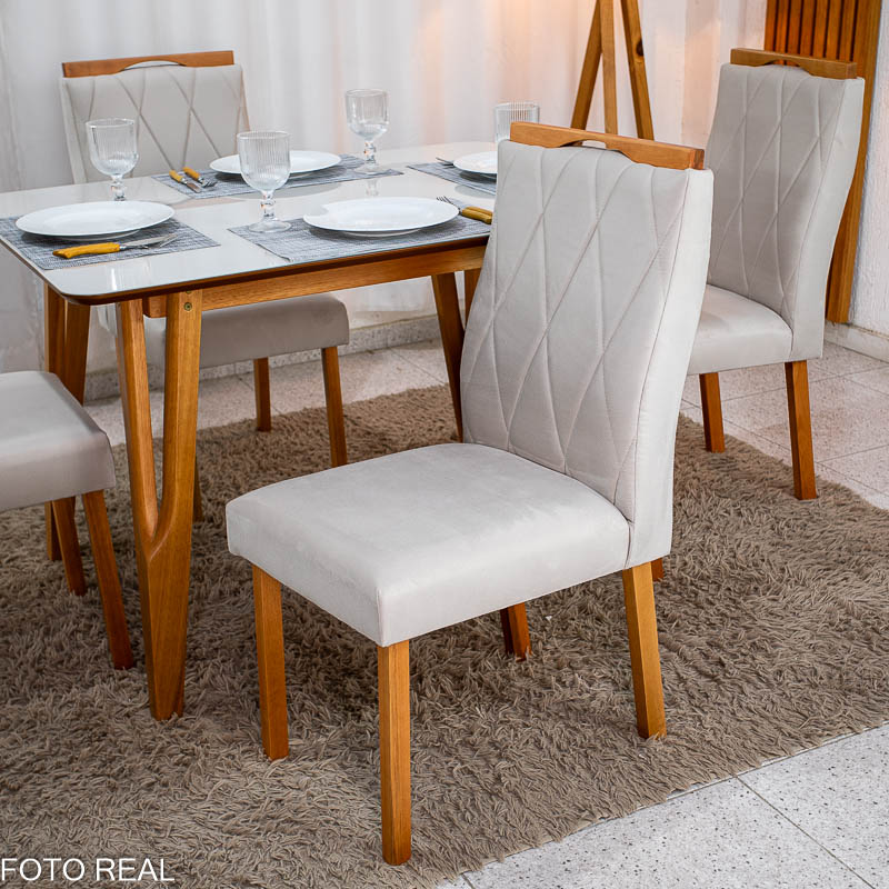 Mesa de Jantar Siena 120x90 Vidro Off/Base Madeira + 4 Cad. Lisboa Veludo Bege 512 Madeira Entregue Montada - Art Assento - Imagem 7