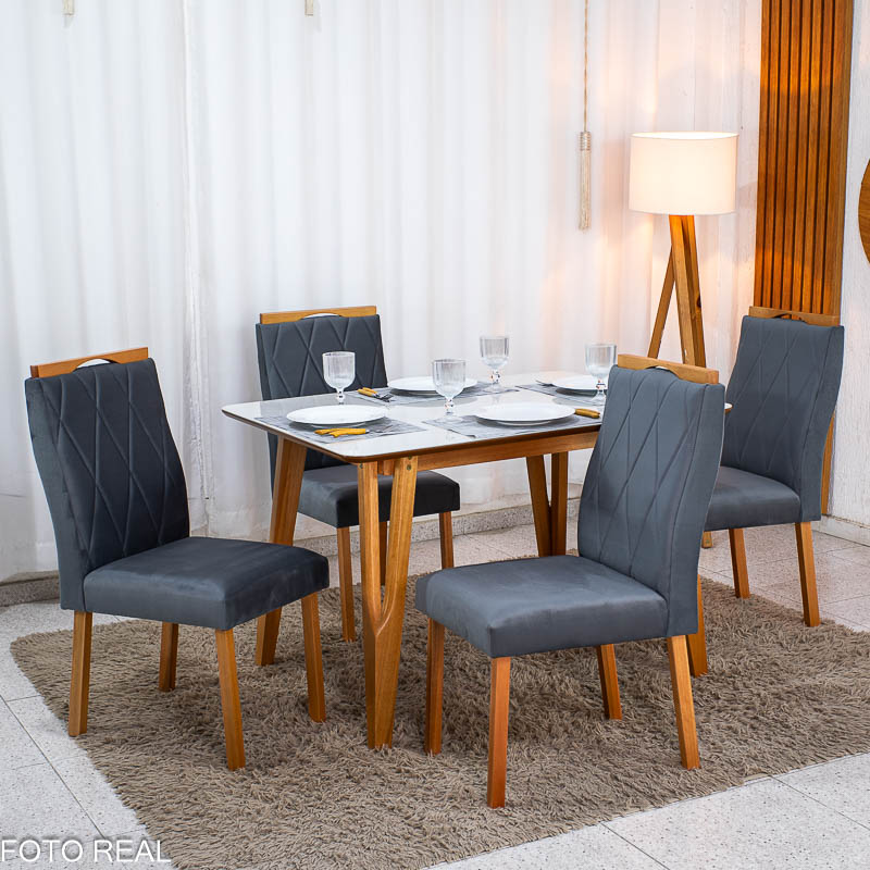 Mesa de Jantar Siena 120x90 Vidro Off/Base Madeira + 4 Cad. Lisboa Veludo Cinza 507 Madeira Entregue Montada - Art Assento
