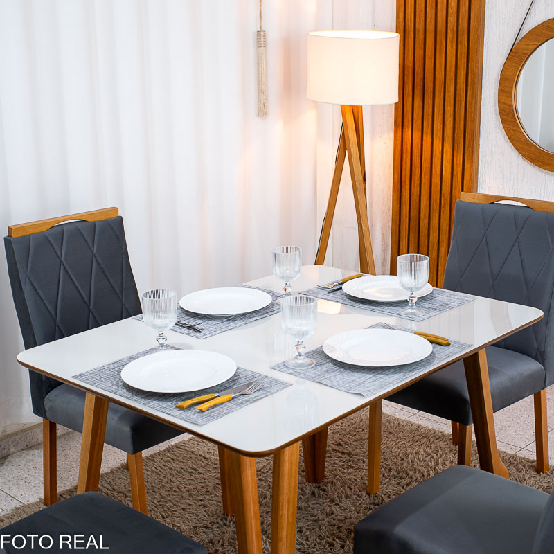 Mesa de Jantar Siena 120x90 Vidro Off/Base Madeira + 4 Cad. Lisboa Veludo Cinza 507 Madeira Entregue Montada - Art Assento - Imagem 4