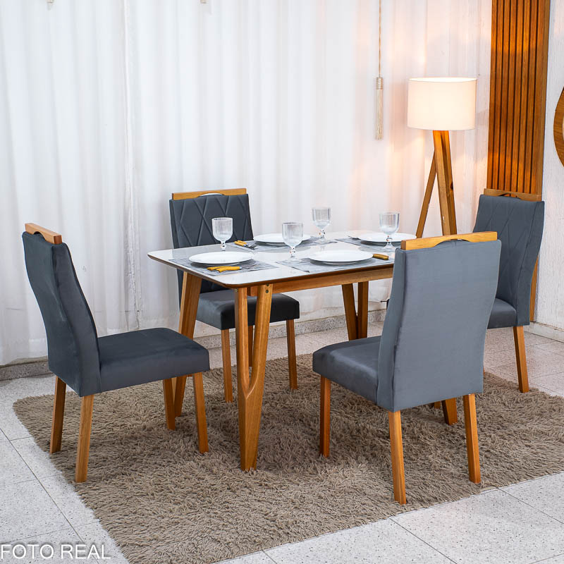 Mesa de Jantar Siena 120x90 Vidro Off/Base Madeira + 4 Cad. Lisboa Veludo Cinza 507 Madeira Entregue Montada - Art Assento - Imagem 5