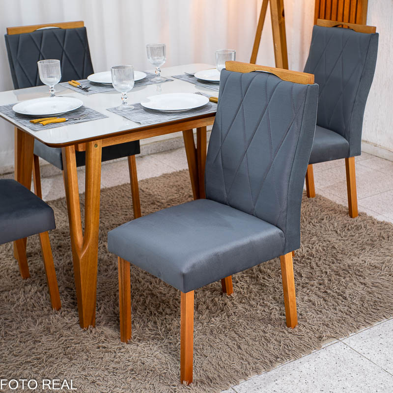 Mesa de Jantar Siena 120x90 Vidro Off/Base Madeira + 4 Cad. Lisboa Veludo Cinza 507 Madeira Entregue Montada - Art Assento - Imagem 3