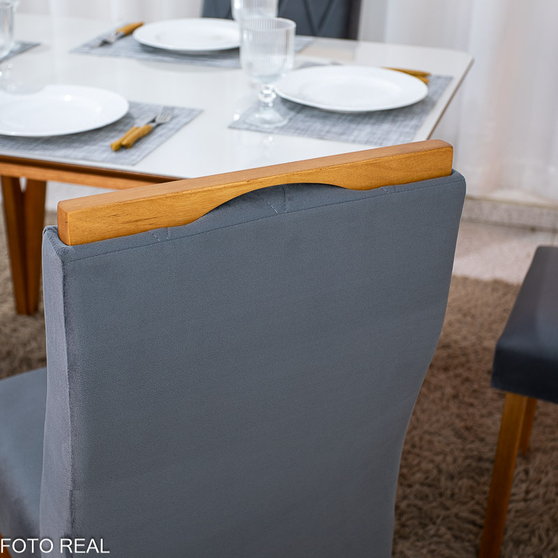 Mesa de Jantar Siena 120x90 Vidro Off/Base Madeira + 4 Cad. Lisboa Veludo Cinza 507 Madeira Entregue Montada - Art Assento - Imagem 2