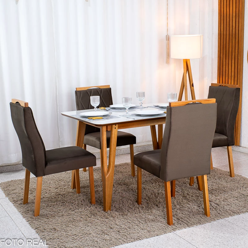 Mesa de Jantar Siena 120x90 Vidro Off/Base Madeira + 4 Cad. Lisboa Veludo Marrom 509 Madeira Entregue Montada - Art Assento - Imagem 5