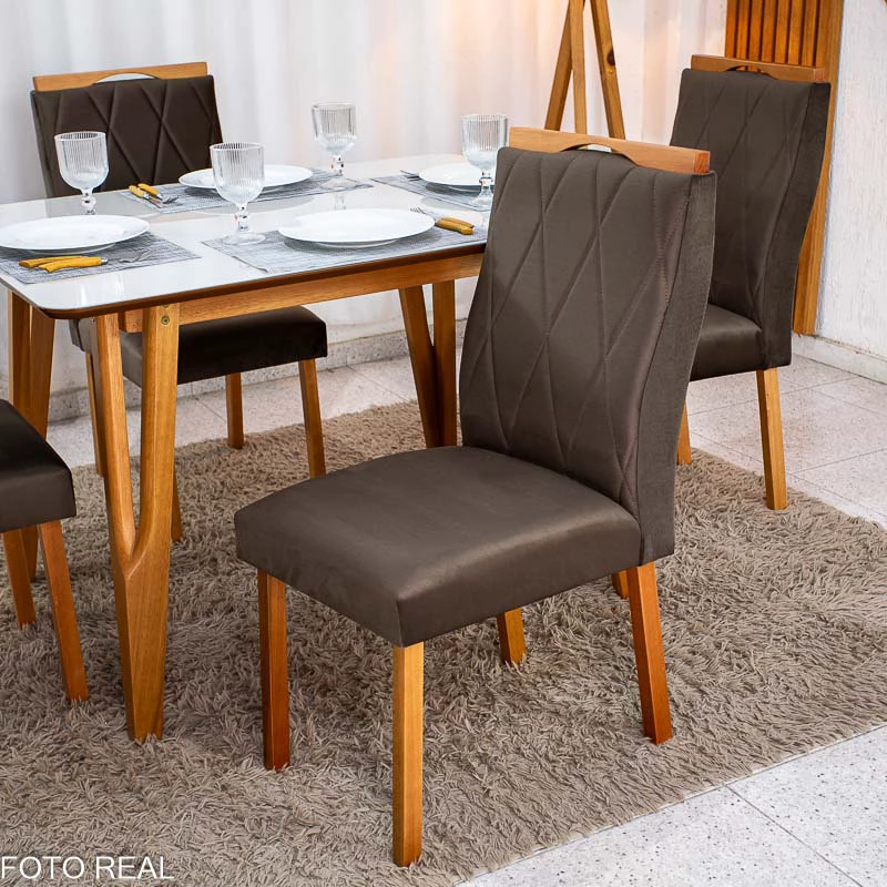 Mesa de Jantar Siena 120x90 Vidro Off/Base Madeira + 4 Cad. Lisboa Veludo Marrom 509 Madeira Entregue Montada - Art Assento - Imagem 3