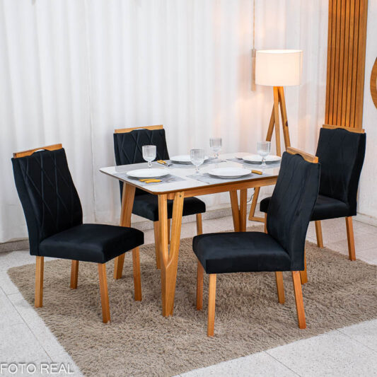 Mesa de Jantar Siena 120x90 Vidro Off/Base Madeira + 4 Cad. Lisboa Veludo Preto 504 Madeira Entregue Montada - Art Assento