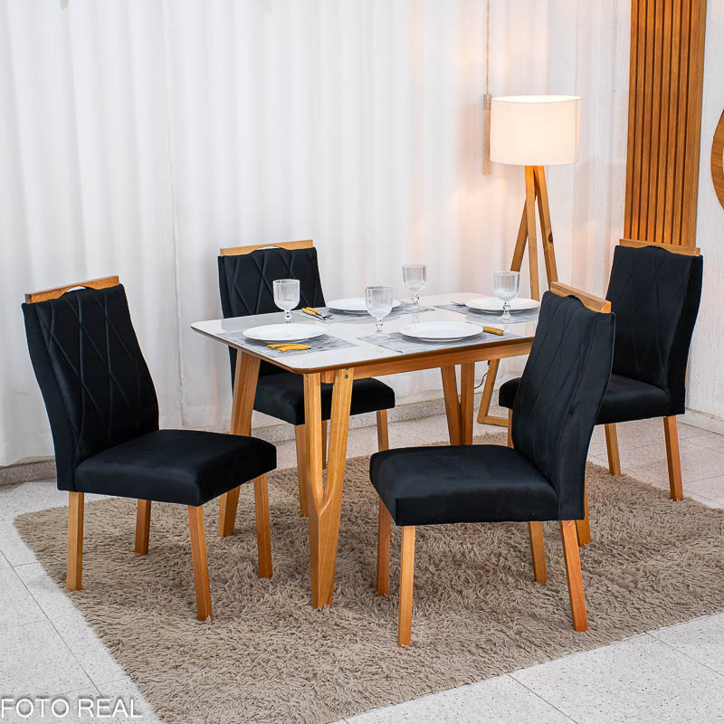 Mesa de Jantar Siena 120x90 Vidro Off/Base Madeira + 4 Cad. Lisboa Veludo Preto 504 Madeira Entregue Montada - Art Assento