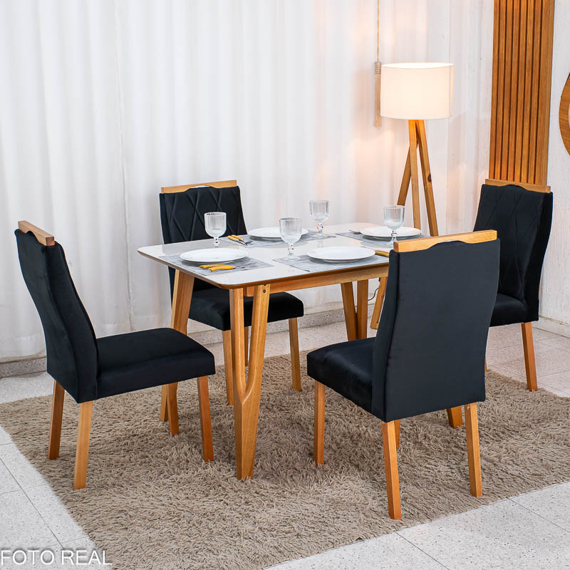 Mesa de Jantar Siena 120x90 Vidro Off/Base Madeira + 4 Cad. Lisboa Veludo Preto 504 Madeira Entregue Montada - Art Assento - Imagem 5