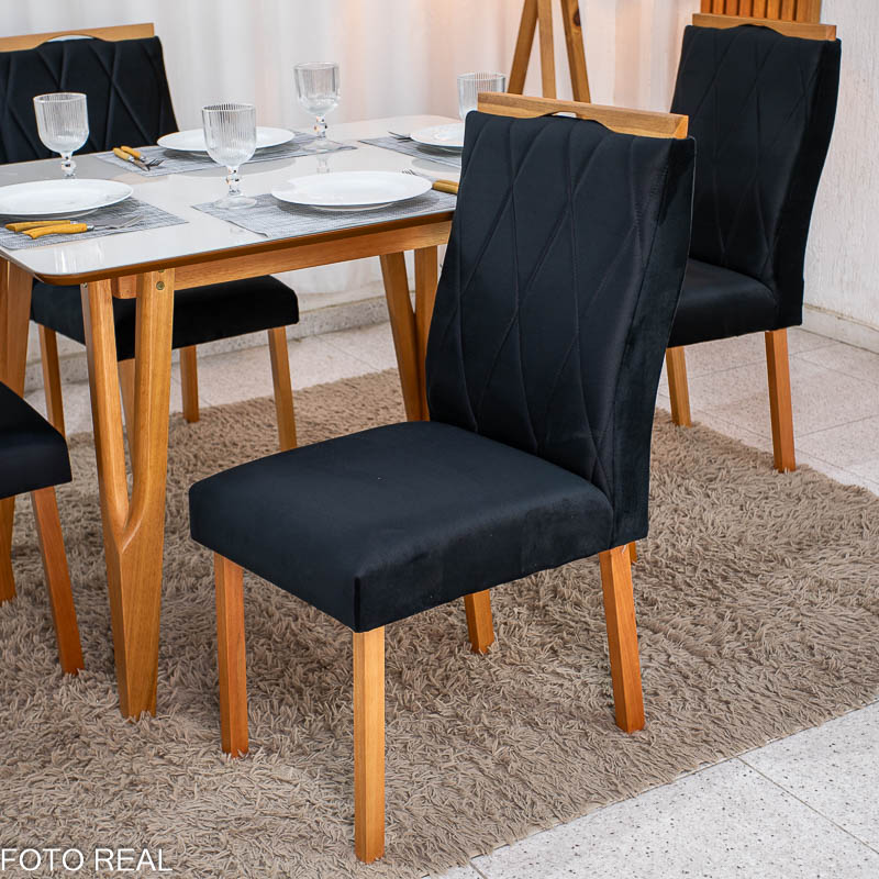 Mesa de Jantar Siena 120x90 Vidro Off/Base Madeira + 4 Cad. Lisboa Veludo Preto 504 Madeira Entregue Montada - Art Assento - Imagem 4