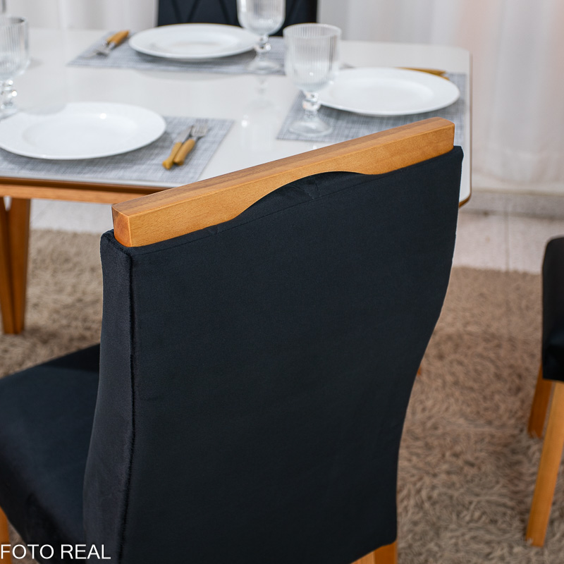 Mesa de Jantar Siena 120x90 Vidro Off/Base Madeira + 4 Cad. Lisboa Veludo Preto 504 Madeira Entregue Montada - Art Assento - Imagem 3