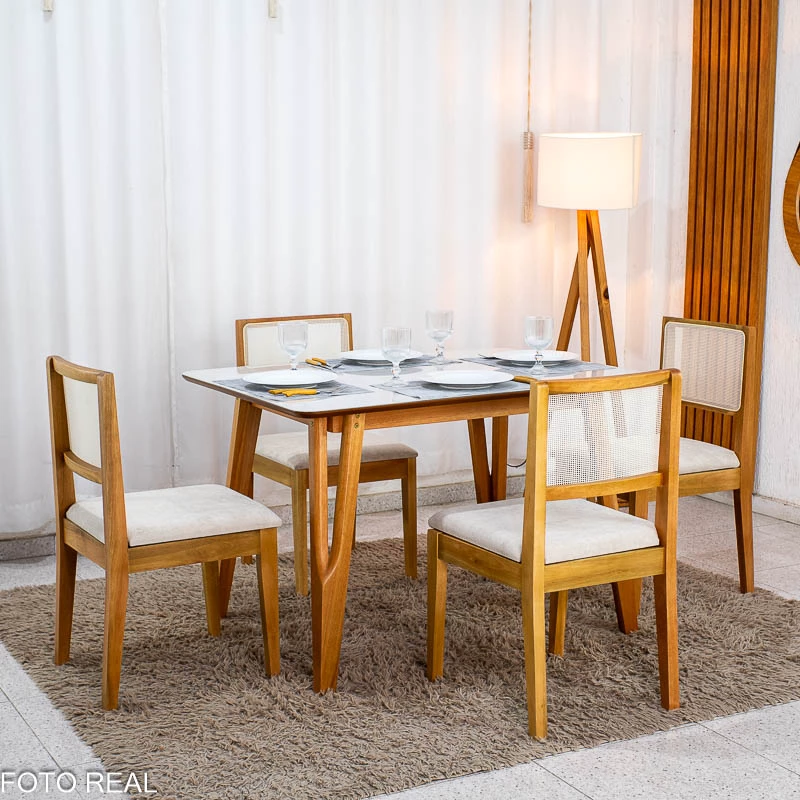 Mesa de Jantar Siena 120x90 Vidro Off/Base Madeira - Art Assento + 4 Cad. Cantiga Boucle Bege Madeira Maciça - Bechara - Imagem 7