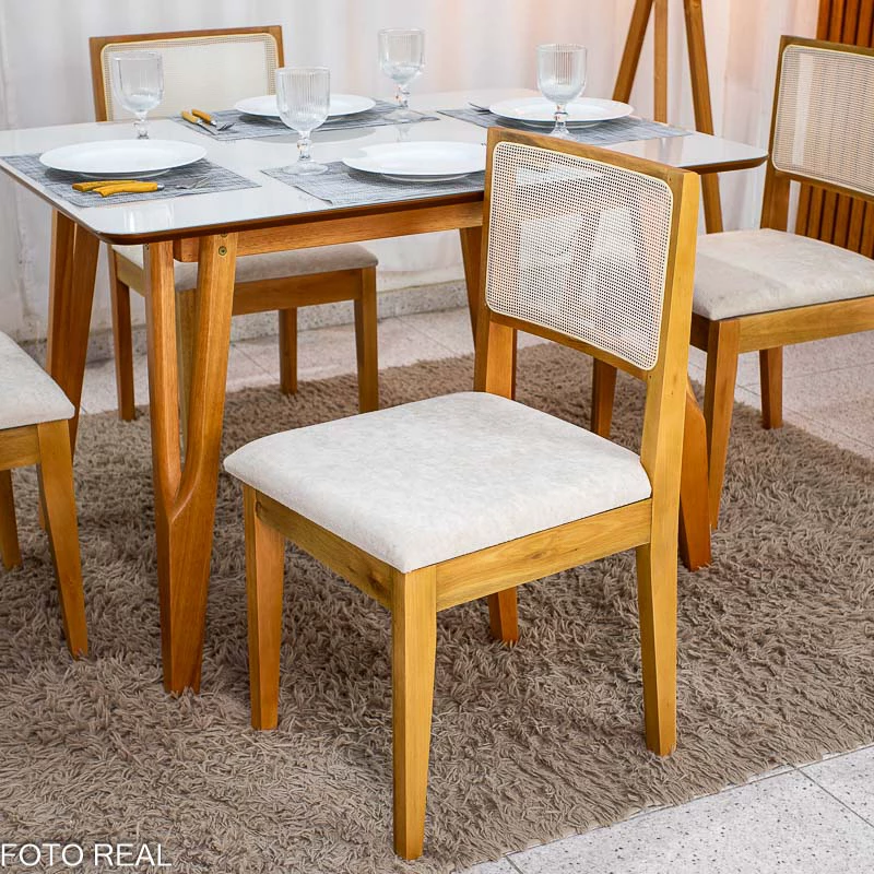 Mesa de Jantar Siena 120x90 Vidro Off/Base Madeira - Art Assento + 4 Cad. Cantiga Boucle Bege Madeira Maciça - Bechara - Imagem 5