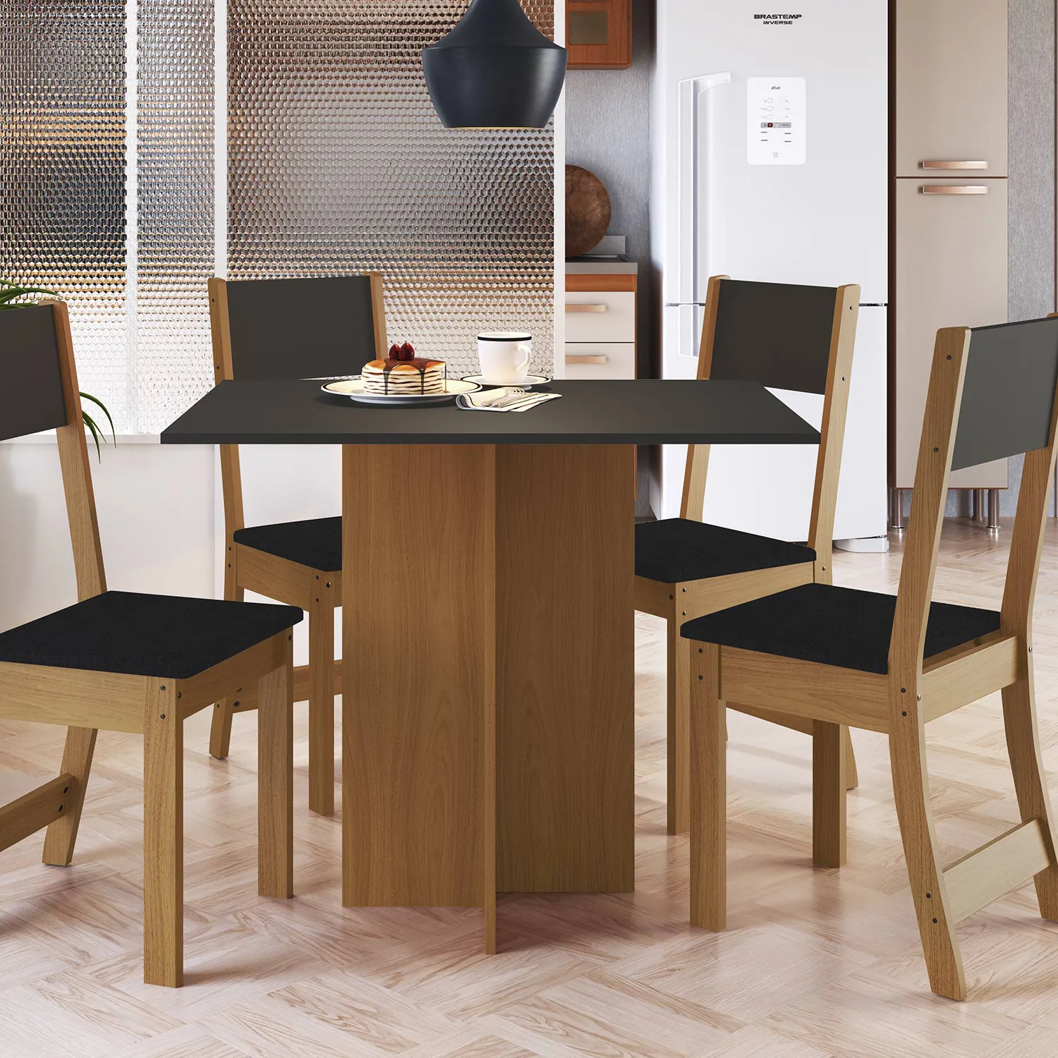 Conjunto Mesa Talita Freijo/Chumbo c/4 cadeiras Tec. Preto - Indekes