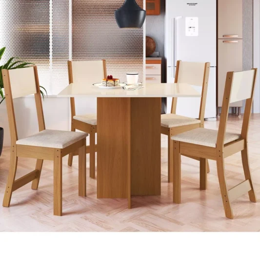 Conjunto Mesa Talita Freijo/Off c/4 cadeiras Tec. Linho – Indekes