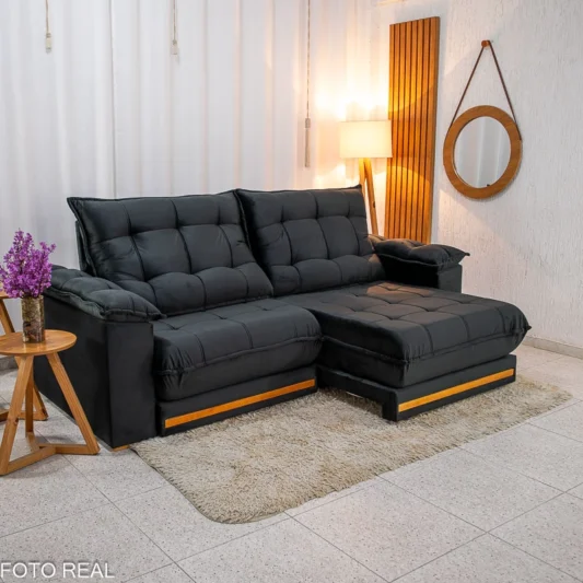 Sofá Retrátil Reclinável Barcelona 2.50m Veludo Preto 322 - D33 e Molas Ensacadas