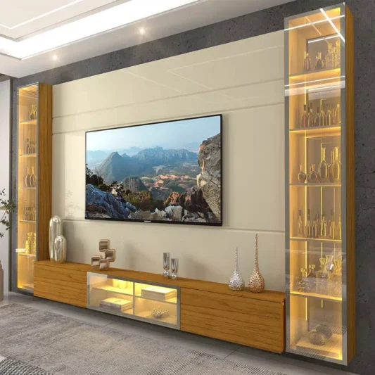 Home Luminare Reflect Larg. 2.93m Off White/Naturale C/LED e Espelho TV de até 85" - Gelius