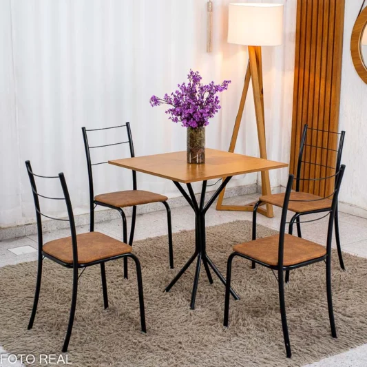 Conjunto Mesa Belize Quadrada 68x68 Naturale Base Órion Preto Fosco + 4 Cadeiras Belize Korino Marrom - Tubo Minas