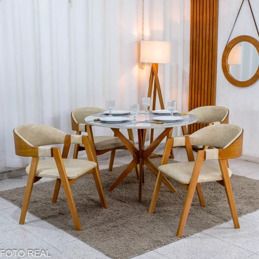 Mesa de Jantar Vegas 1,10m Redonda Vidro Off Base Madeira Minas Plac + 4 Cadeiras Gaia Corino Creme 307 - Prensar