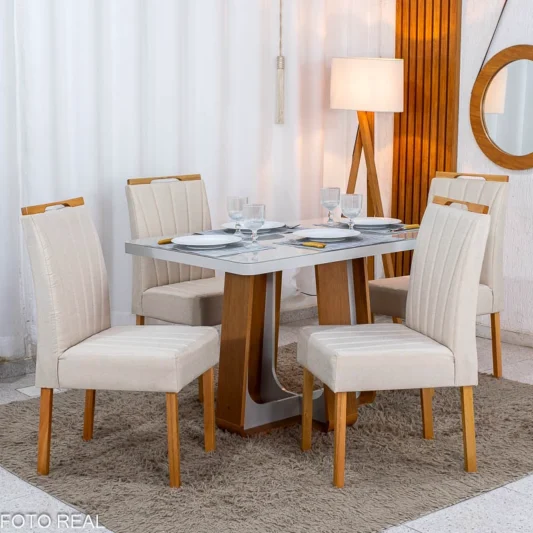 Mesa de Jantar Sintonia 120x80 Tampo Vidro Off Base Amêndoa Off Lopas + 4 Cadeiras Gabi Linho Bege Claro A Estrutura Madeira Bom Lar - Entregue Montada