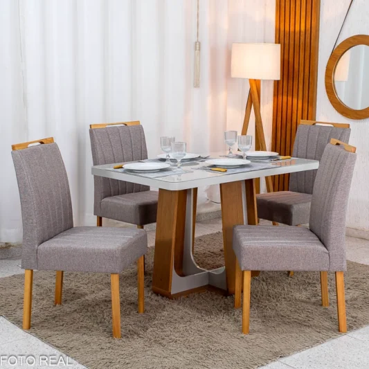 Mesa de Jantar Sintonia 120x80 Tampo Vidro Off Base Amêndoa Off Lopas + 4 Cadeiras Gabi Linho Cinza Estrutura Madeira Bom Lar - Entregue Montada