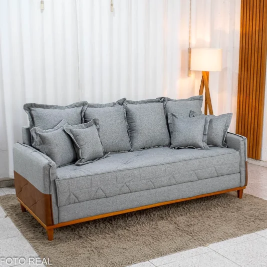 Sofá 4 Lugares Living Luca 2.10m Linho Cinza C/ Detalhe - Molas Bonnel