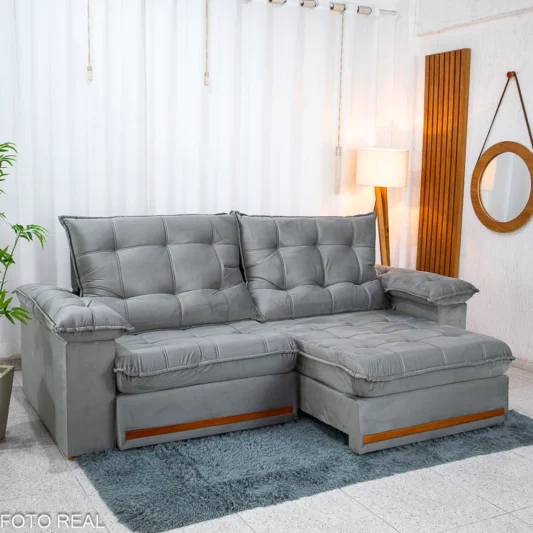 Sofá Retrátil Reclinável Mariana 2.30m Veludo Prata 321 - D33 e Molas Ensacadas