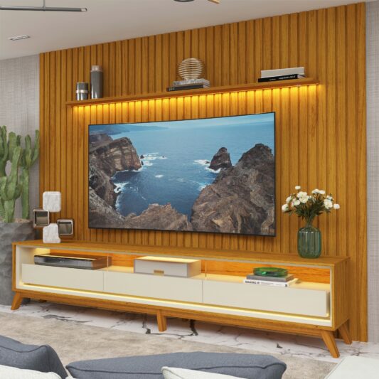 Conjunto Painel Nobre 2,75m Naturale e Rack Requinte 2,60m Pés Madeira Naturale/Off White Gelius