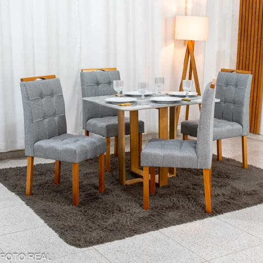 Mesa Tóquio 100x80 Vidro Off Base Madeira + 4 Cadeiras Londres Linho Cinza Estrutura Madeira Minas Plac - Entregue Montada