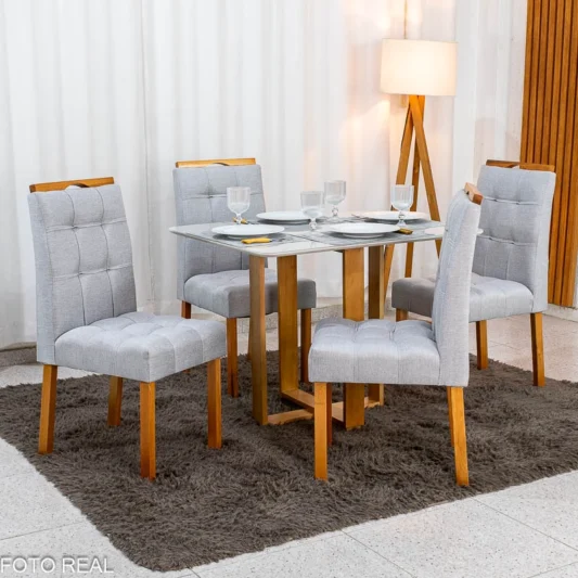 Mesa Tóquio 100x80 Vidro Off Base Madeira + 4 Cadeiras Londres Linho Prata Estrutura Madeira Minas Plac - Entregue Montada
