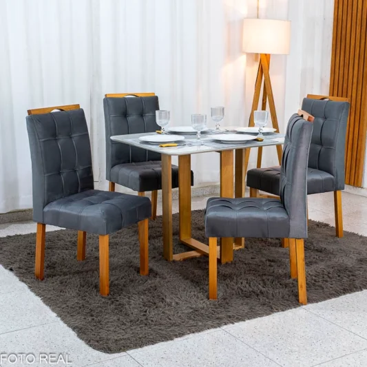 Mesa Tóquio 100x80 Vidro Off Base Madeira + 4 Cadeiras Londres Veludo Chumbo Estrutura Madeira Minas Plac - Entregue Montada