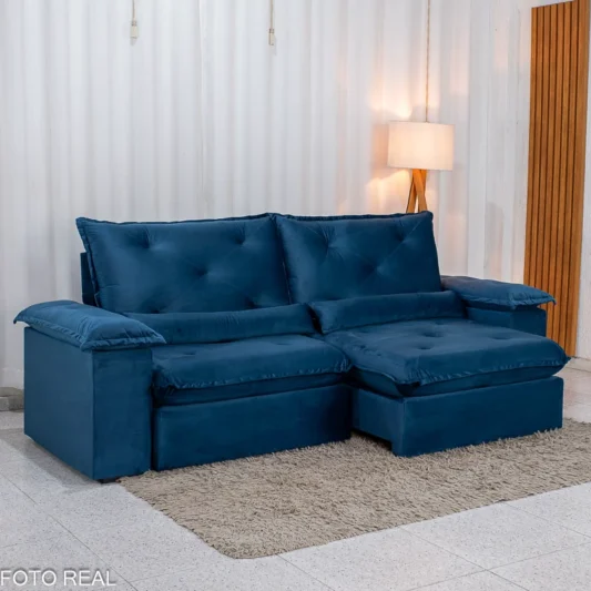 Sofá Retrátil Reclinável Suiça 2,30m Veludo Azul 205/12 - Sem Caixa