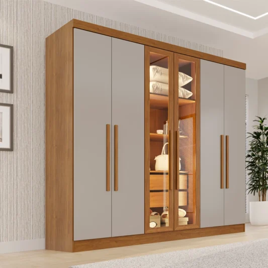 Guarda-roupa Vision Cinamomo/Off 6 Portas 2 Reflecta com LED 1,80M - Sallêto