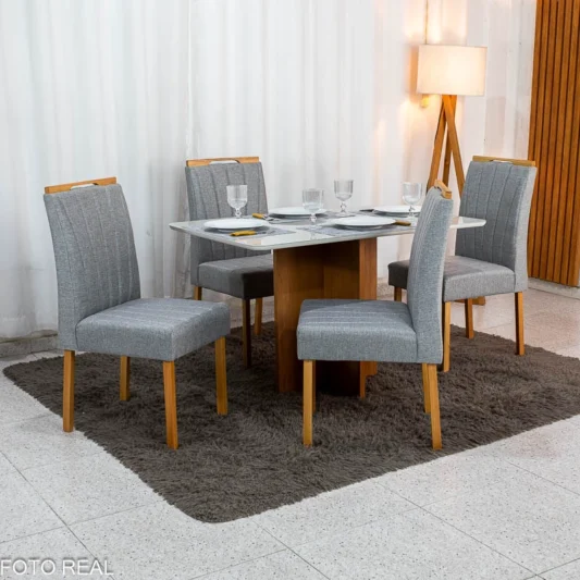 Mesa de Jantar Moscou 120x80 Vidro Off Base Cinamomo Minas Plac + 4 Cadeiras Gabi Linho Cinza Estrutura Madeira Bom Lar - Entregue Montada