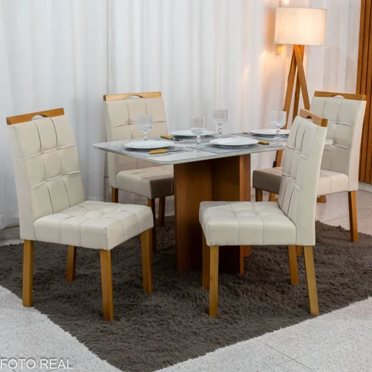 Mesa de Jantar Moscou 120x80 Vidro Off Base Cinamomo Minas Plac + 4 Cadeiras Sophia Linho Bege 200 Estrutura Madeira WM Decor - Entregue Montada