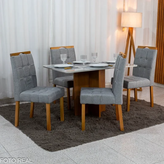 Mesa de Jantar Moscou 120x80 Vidro Off Base Cinamomo Minas Plac + 4 Cadeiras Sophia Linho Cinza 206 Estrutura Madeira WM Decor - Entregue Montada